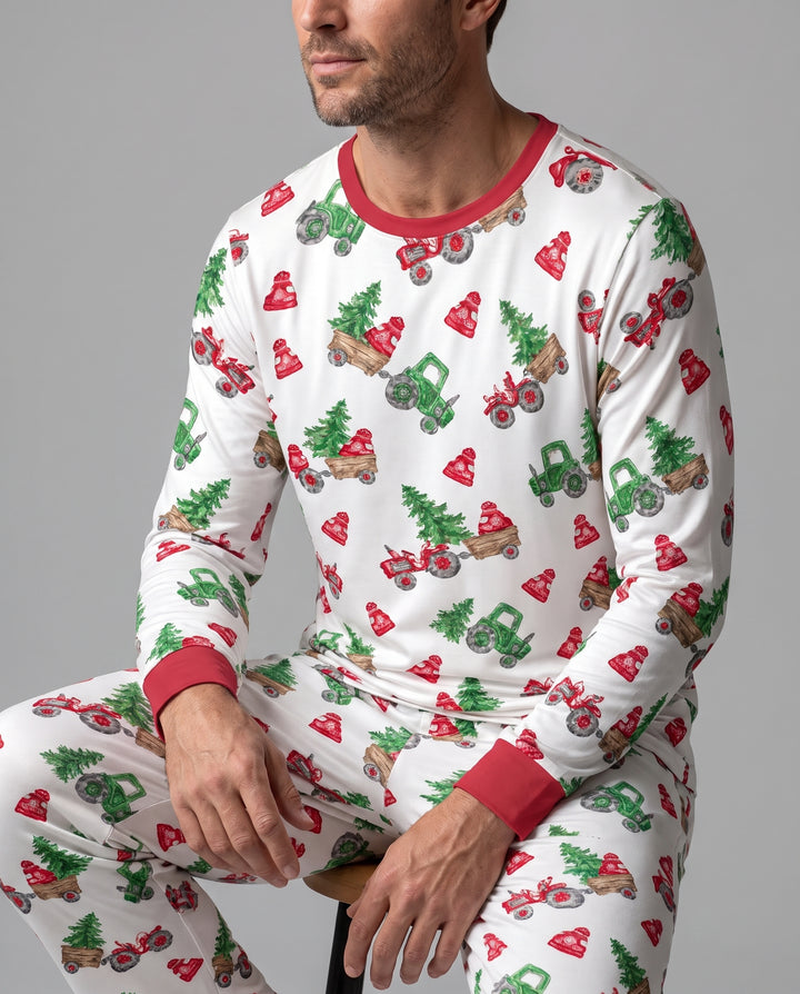 Christmas Tree Farm Tractor & Winter Hats Bamboo Men's Pajama Set