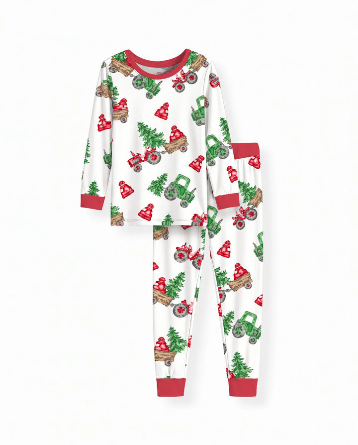 Christmas Tree Farm Tractor & Winter Hats Bamboo Two Piece Long Sleeve Pajama Set