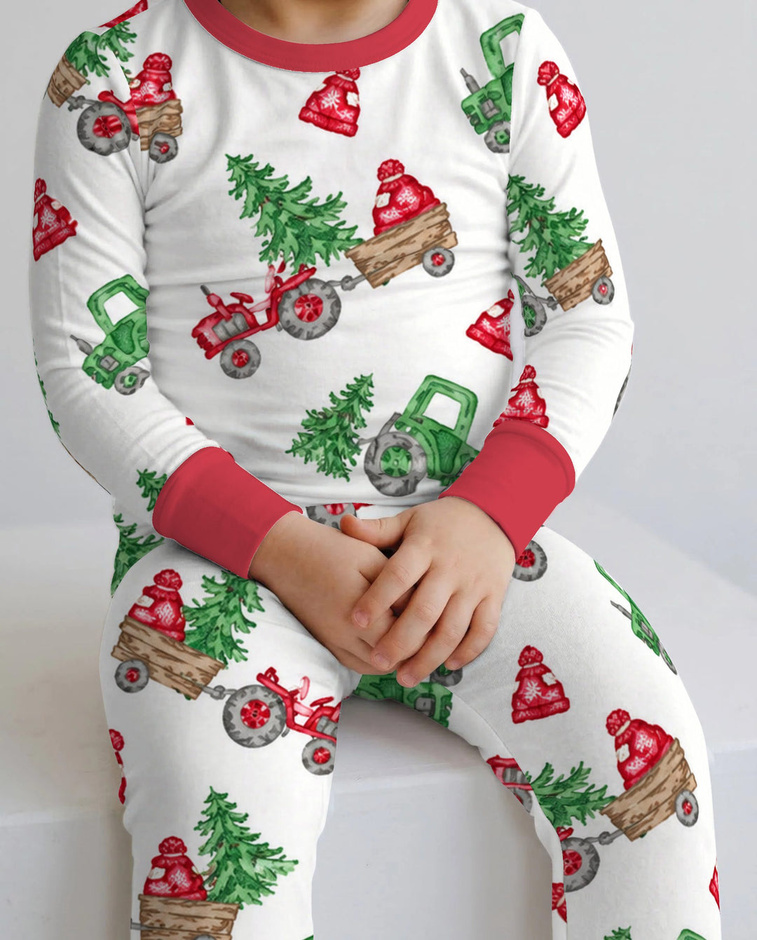 Christmas Tree Farm Tractor & Winter Hats Bamboo Two Piece Long Sleeve Pajama Set