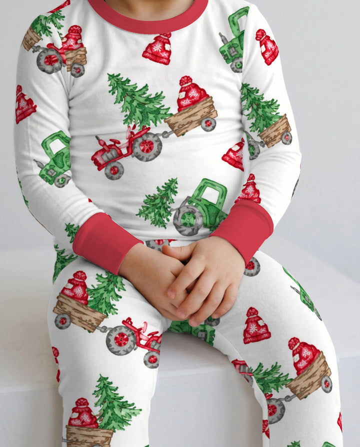Christmas Tree Farm Tractor & Winter Hats Bamboo Two Piece Long Sleeve Pajama Set