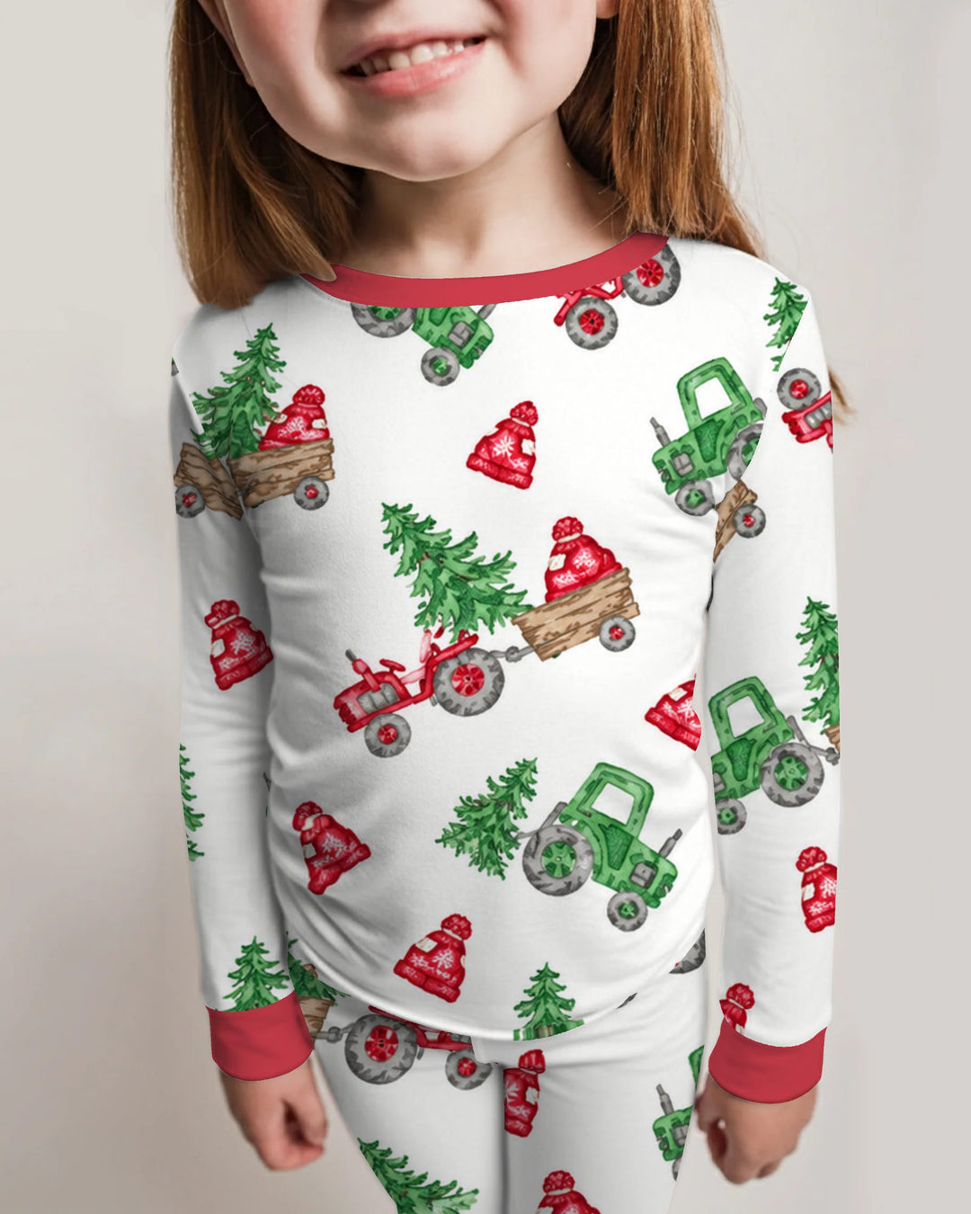 Christmas Tree Farm Tractor & Winter Hats Bamboo Two Piece Long Sleeve Pajama Set