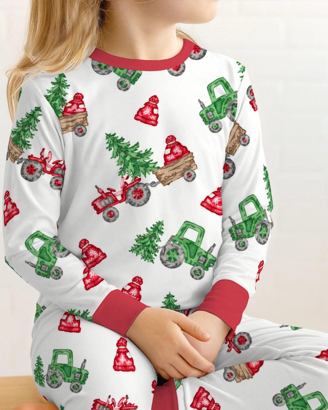 Christmas Tree Farm Tractor & Winter Hats Bamboo Two Piece Long Sleeve Pajama Set