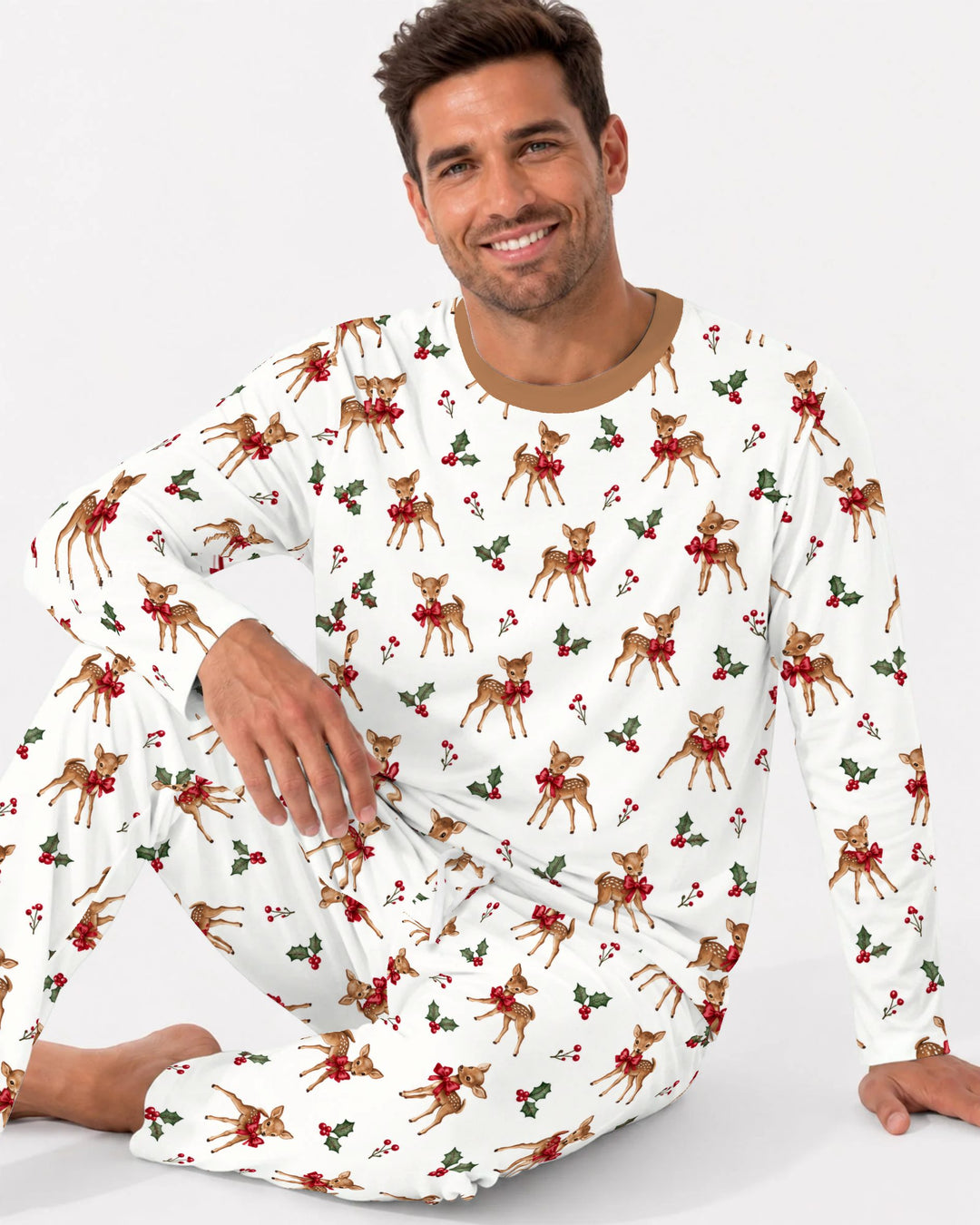 Vintage Christmas Fawn & Holly Bows Bamboo Men's Pajama Set