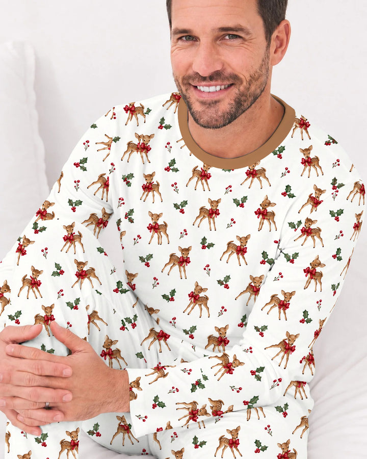 Vintage Christmas Fawn & Holly Bows Bamboo Men's Pajama Set