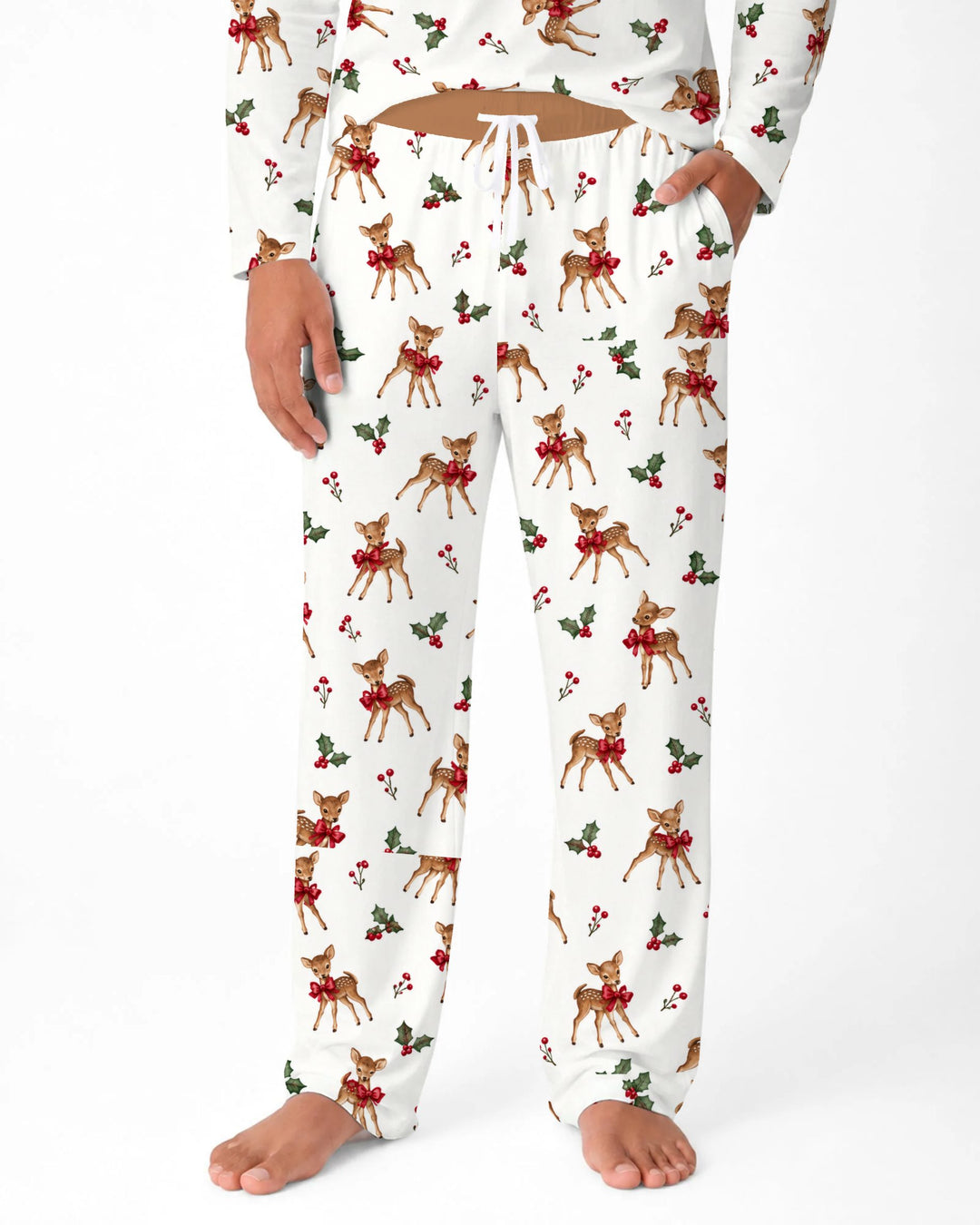 Vintage Christmas Fawn & Holly Bows Bamboo Men's Pajama Set