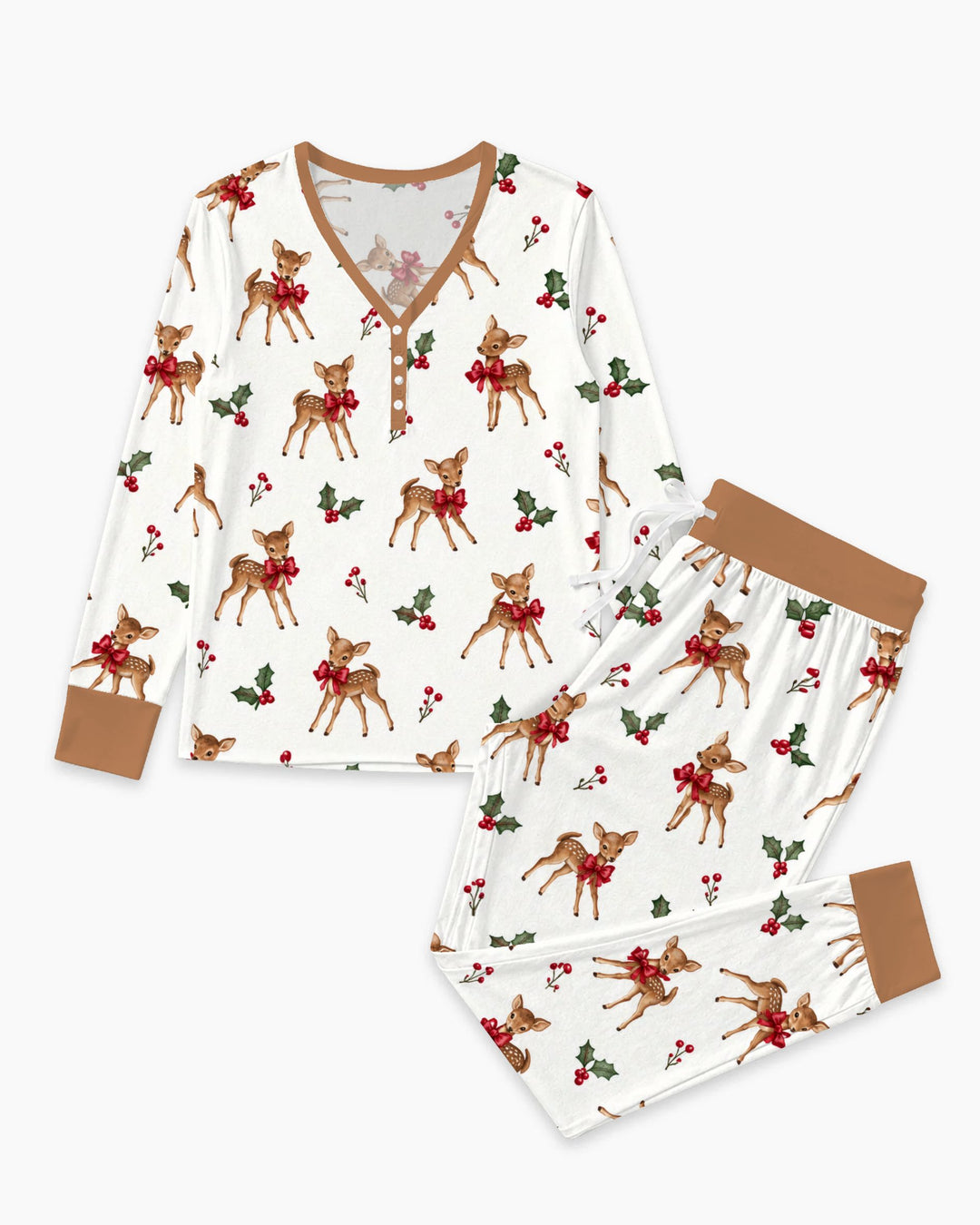 Vintage Christmas Fawn & Holly Bows Bamboo Women Pajama Set