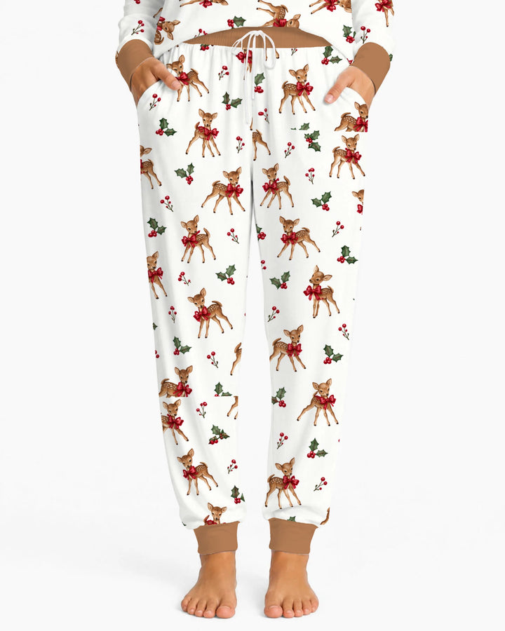 Vintage Christmas Fawn & Holly Bows Bamboo Women Pajama Set