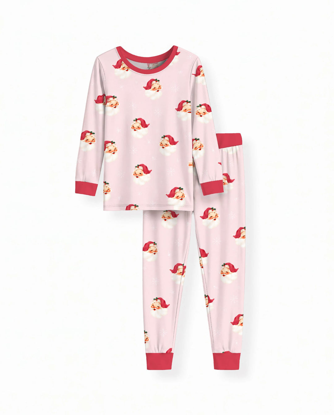 Pink Vintage Santa & Snowflakes Bamboo Two Piece Long Sleeve Pajama Set
