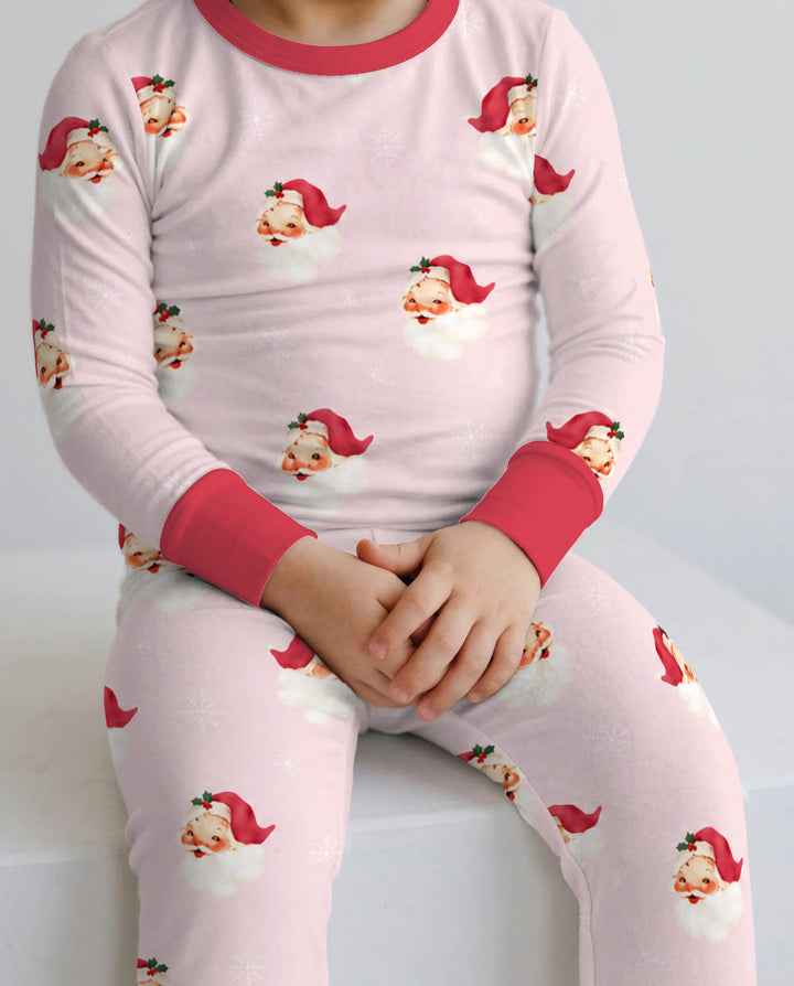 Pink Vintage Santa & Snowflakes Bamboo Two Piece Long Sleeve Pajama Set