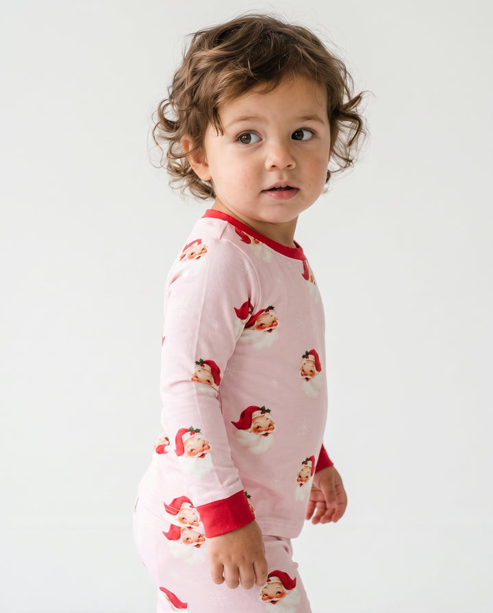 Pink Vintage Santa & Snowflakes Bamboo Two Piece Long Sleeve Pajama Set