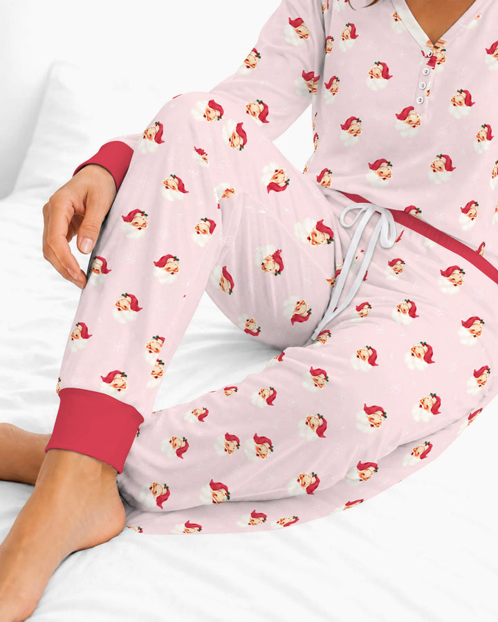 Pink Vintage Santa & Snowflakes Bamboo Women Pajama Set