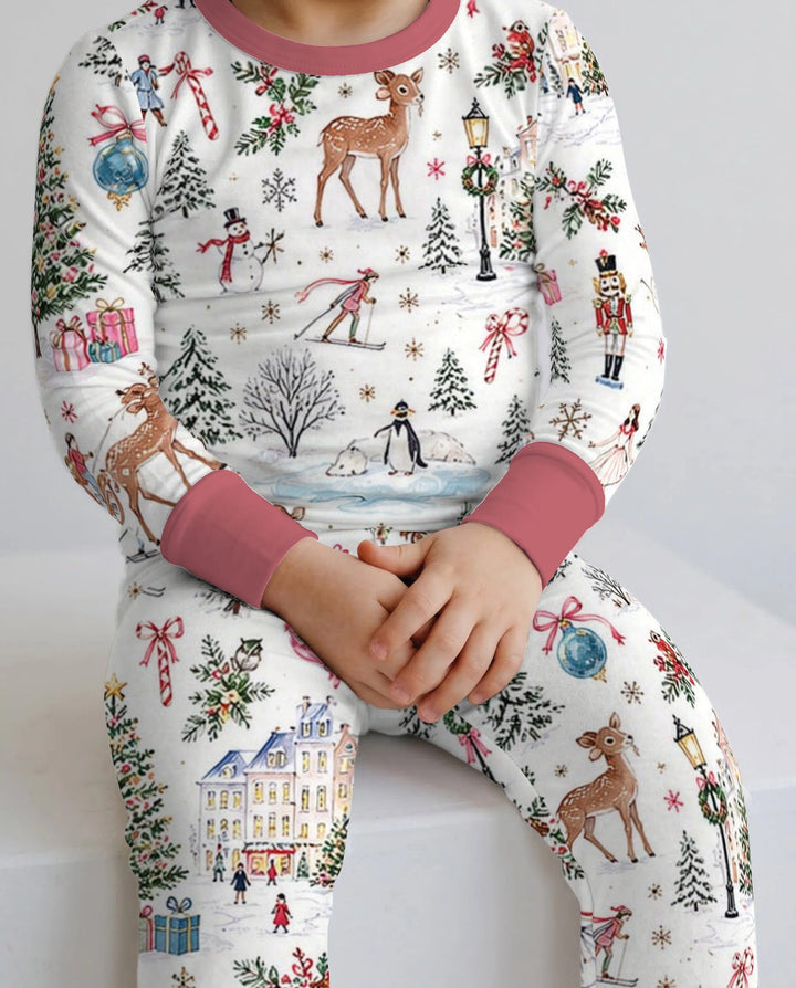 Christmas Winter Village Toile Bamboo Two Piece Long Sleeve Pajama Set
