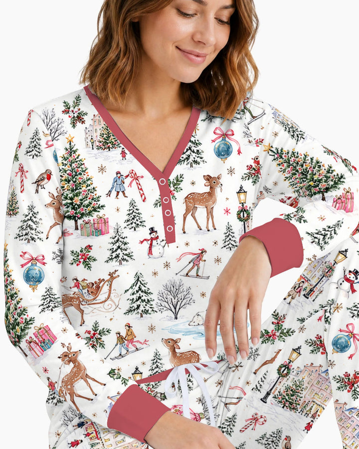 Christmas Winter Village Toile Bamboo Women Pajama Set