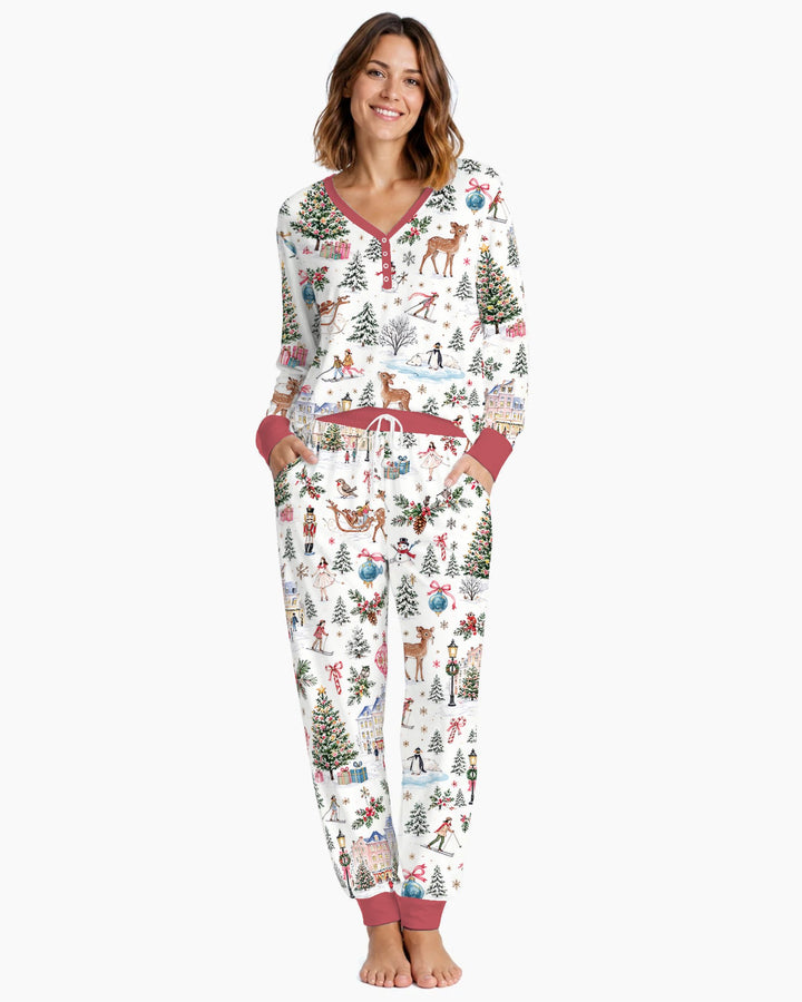 Christmas Winter Village Toile Bamboo Women Pajama Set