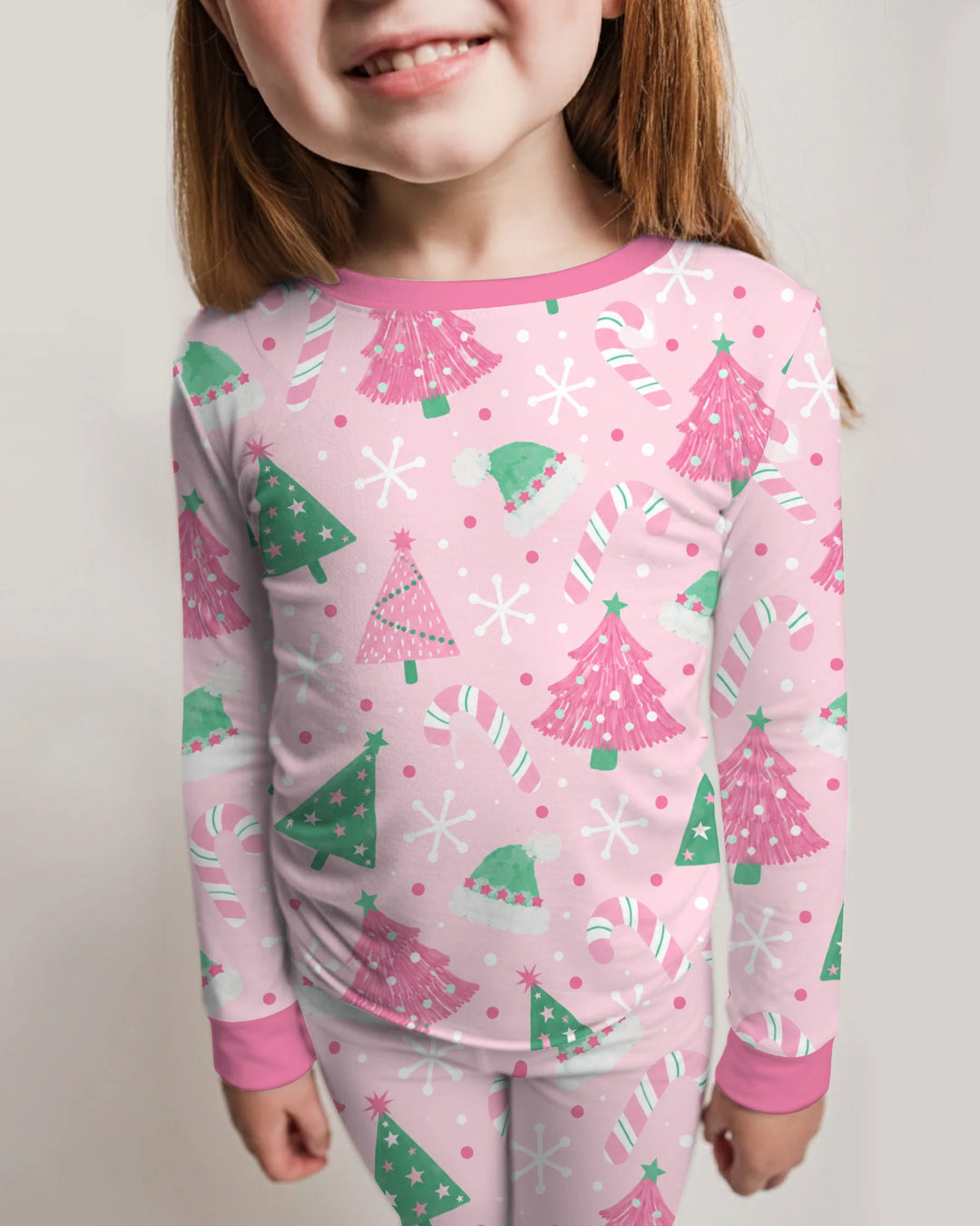 Pink & Mint Candy Christmas Trees Bamboo Two Piece Long Sleeve Pajama Set