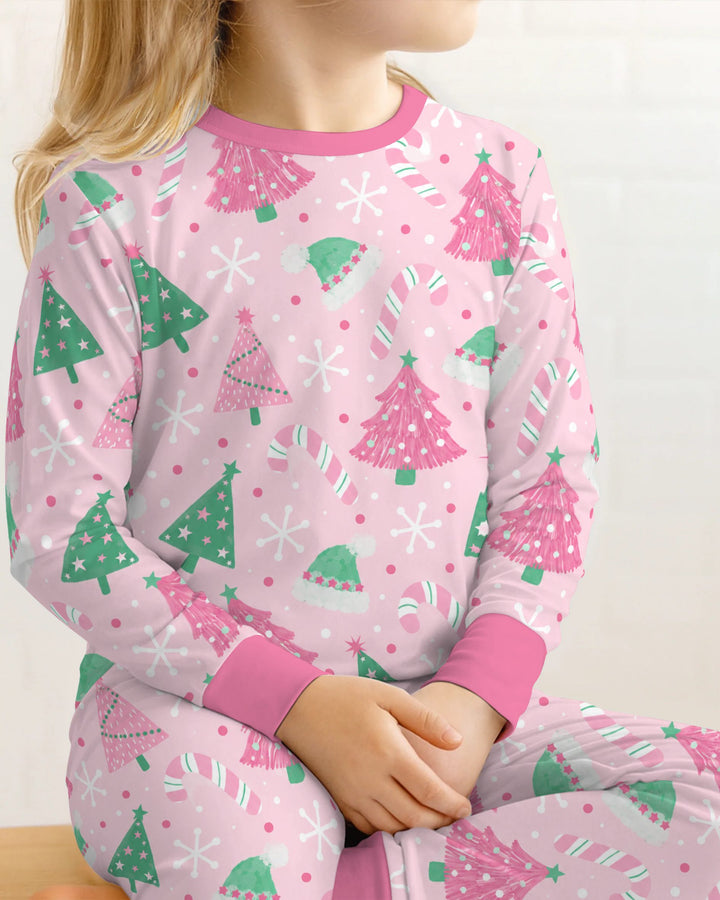 Pink & Mint Candy Christmas Trees Bamboo Two Piece Long Sleeve Pajama Set