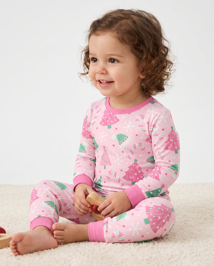 Pink & Mint Candy Christmas Trees Bamboo Two Piece Long Sleeve Pajama Set