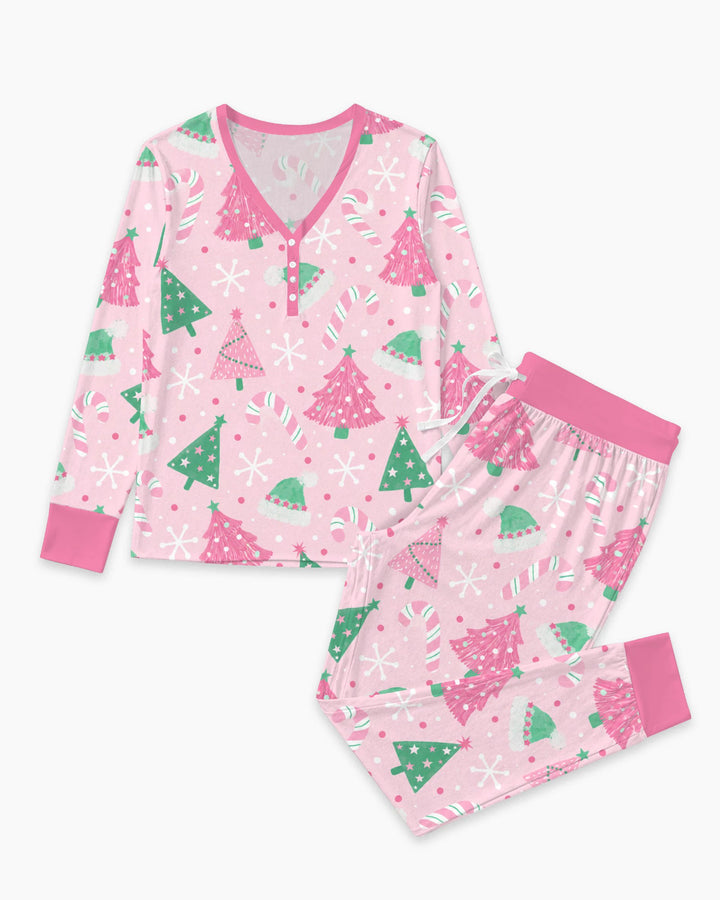 Pink & Mint Candy Christmas Trees Bamboo Women Pajama Set
