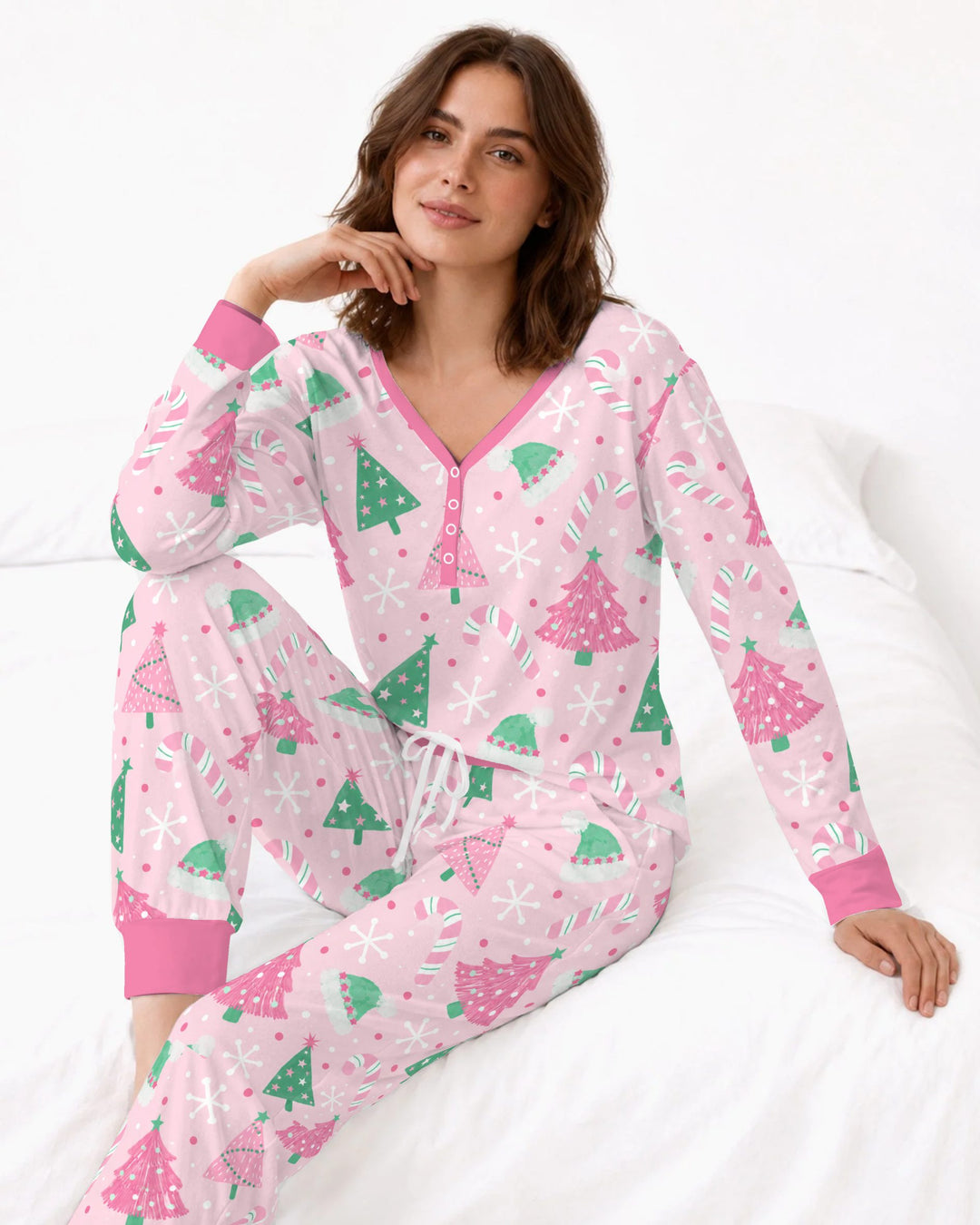 Pink & Mint Candy Christmas Trees Bamboo Women Pajama Set