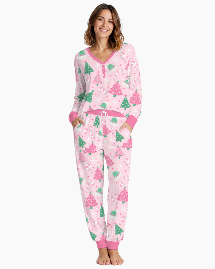 Pink & Mint Candy Christmas Trees Bamboo Women Pajama Set