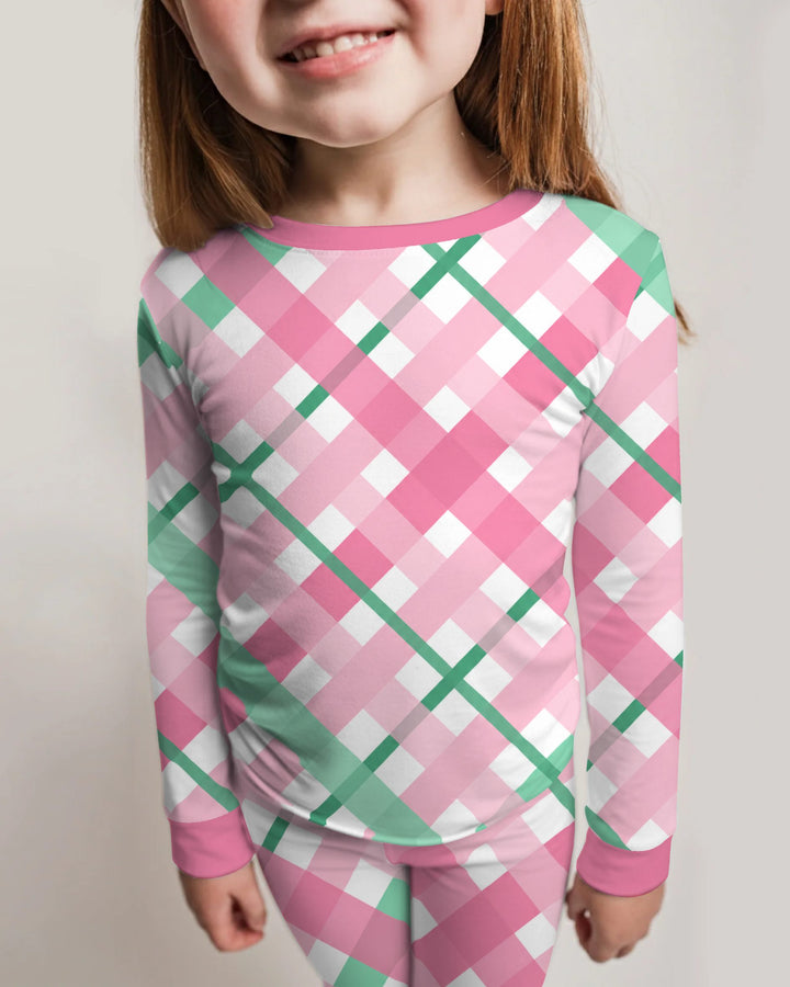 Pink & Mint Christmas Plaid Bamboo Two Piece Long Sleeve Pajama Set