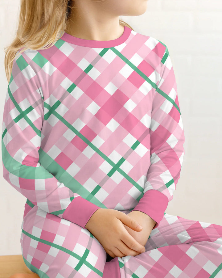 Pink & Mint Christmas Plaid Bamboo Two Piece Long Sleeve Pajama Set