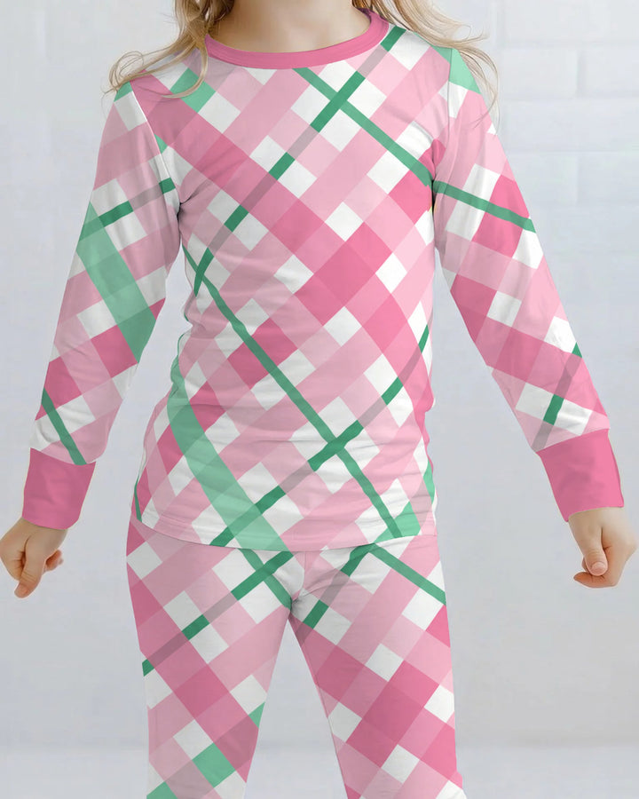 Pink & Mint Christmas Plaid Bamboo Two Piece Long Sleeve Pajama Set