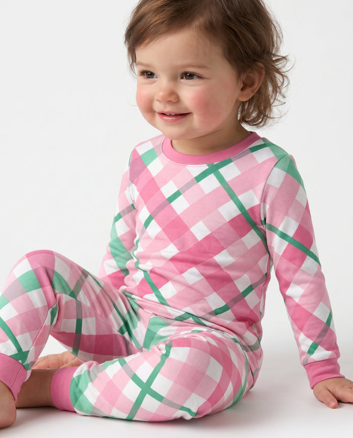 Pink & Mint Christmas Plaid Bamboo Two Piece Long Sleeve Pajama Set
