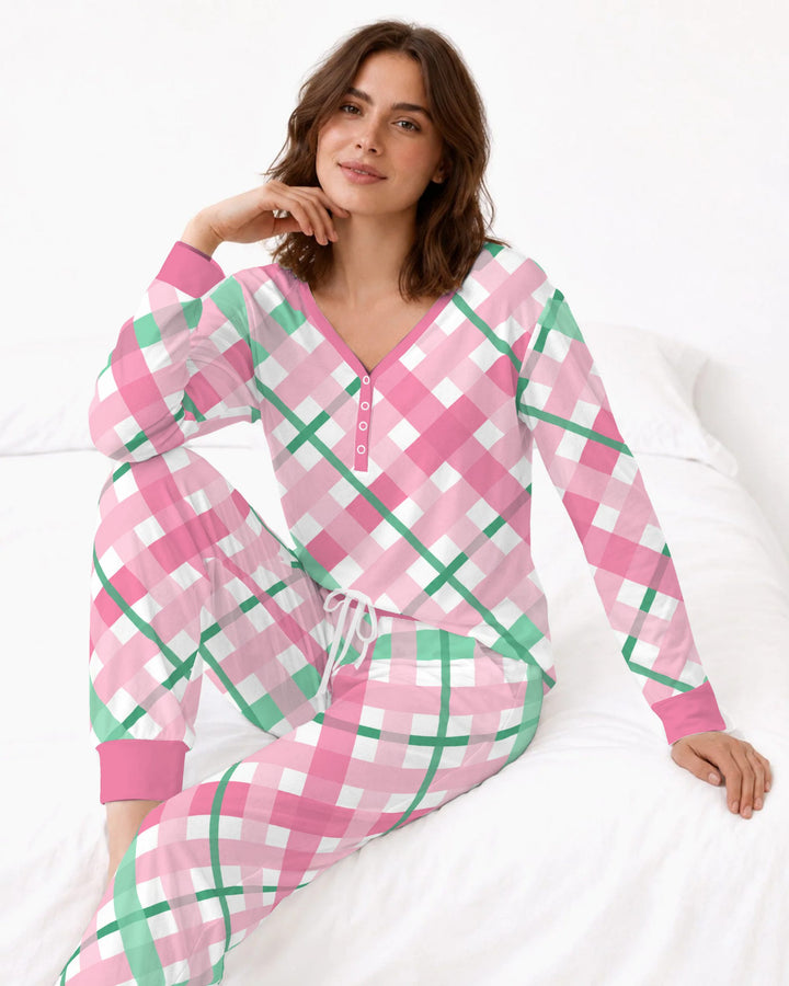 Pink & Mint Christmas Plaid Bamboo Women Pajama Set