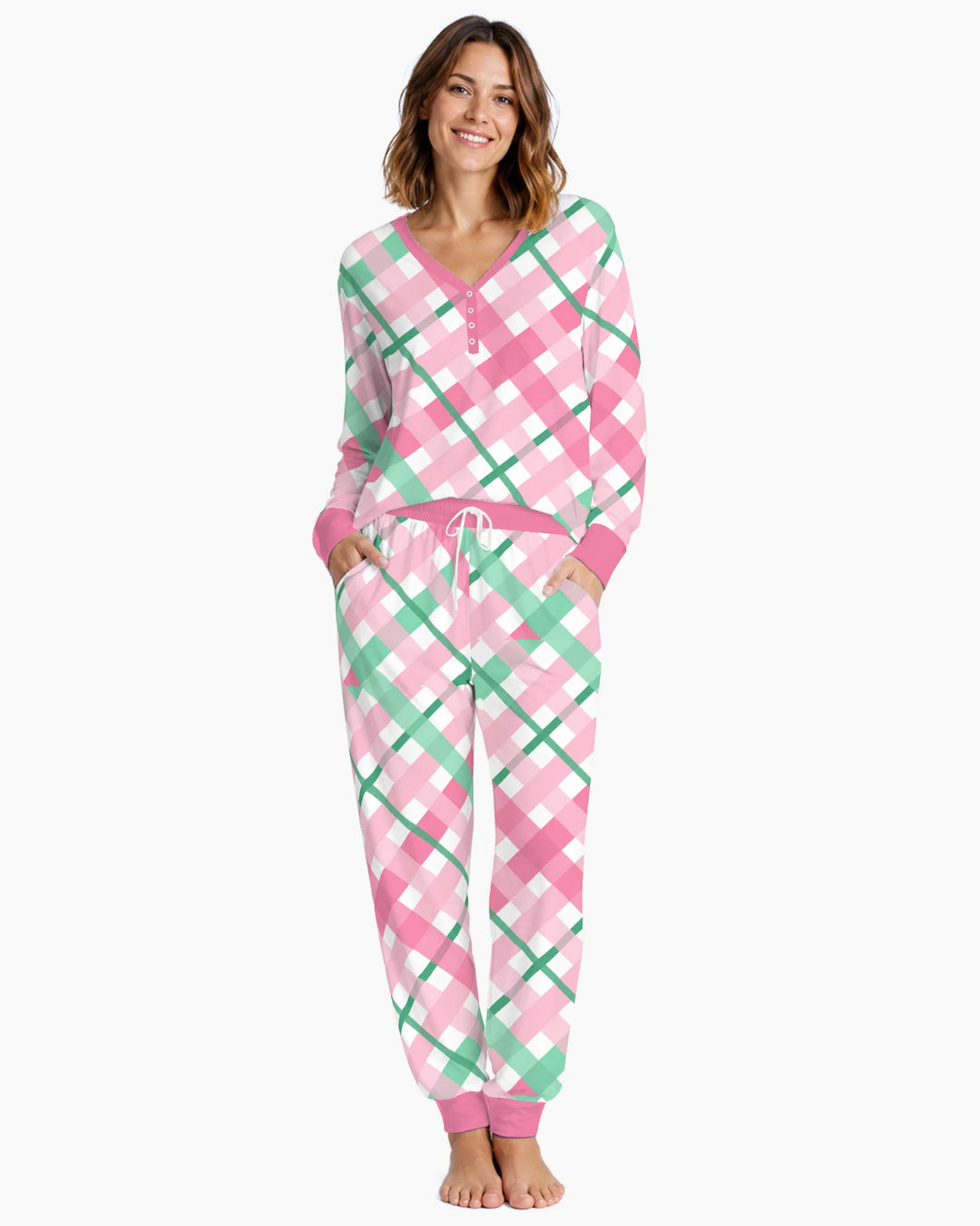 Pink & Mint Christmas Plaid Bamboo Women Pajama Set