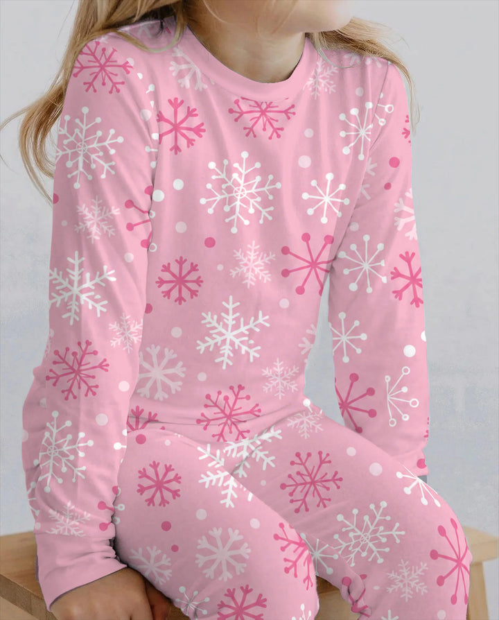 Pretty in Pink Christmas Snowflakes Bamboo Two Piece Long Sleeve Pajama Set