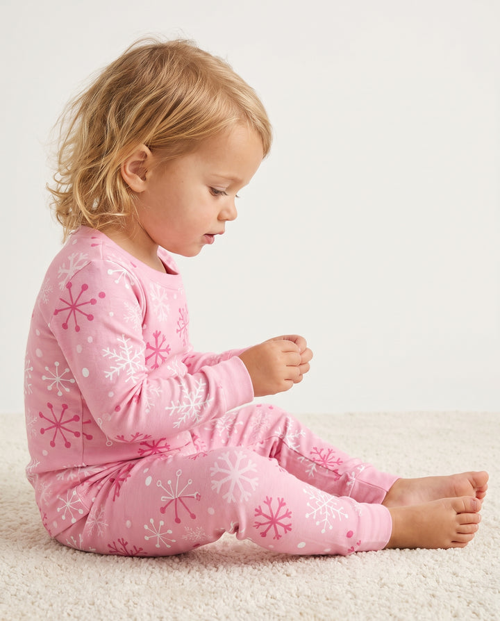 Pretty in Pink Christmas Snowflakes Bamboo Two Piece Long Sleeve Pajama Set