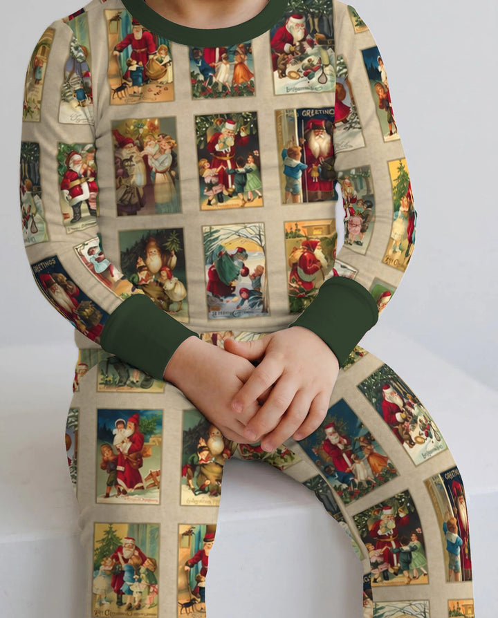 Vintage Santa Christmas Postcards Bamboo Two Piece Long Sleeve Pajama Set