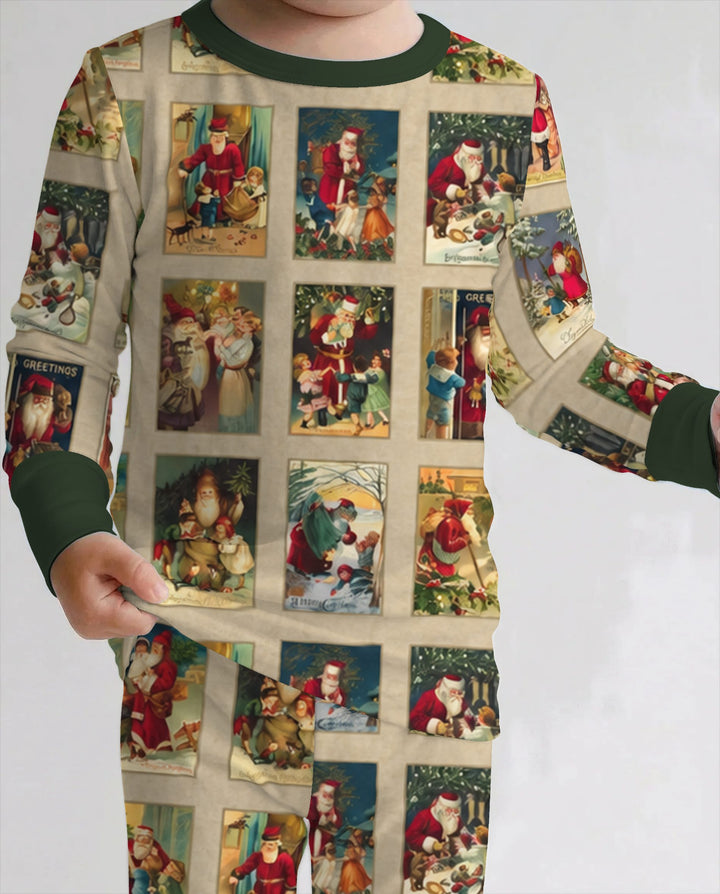 Vintage Santa Christmas Postcards Bamboo Two Piece Long Sleeve Pajama Set