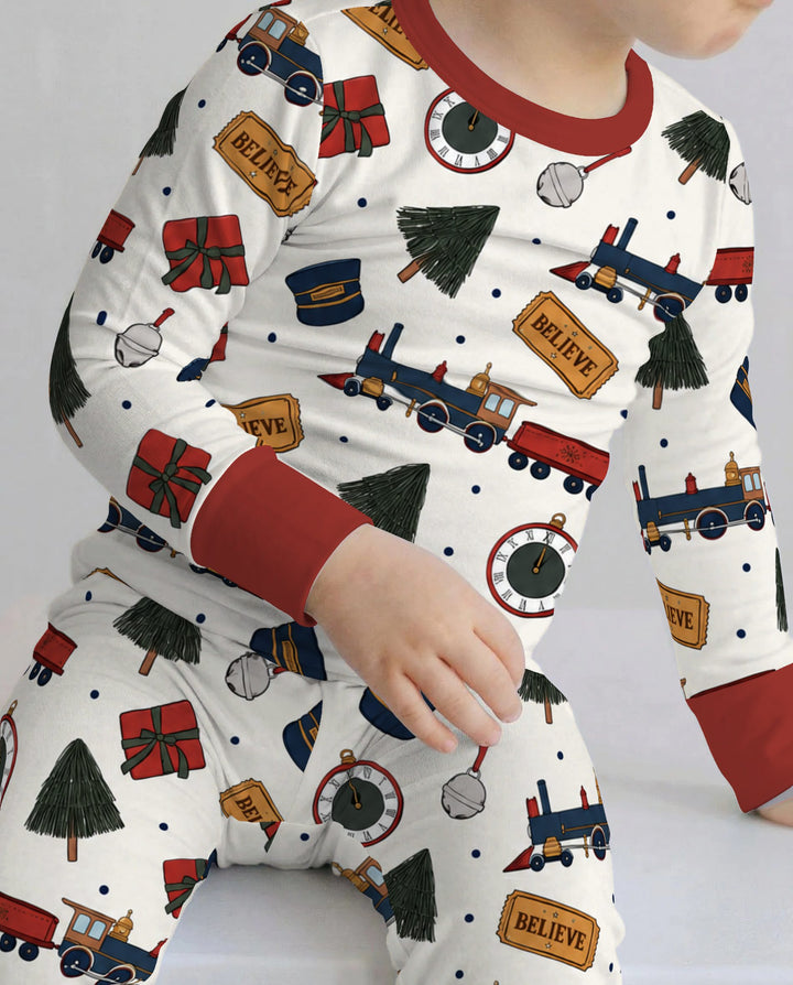 Polar Express Christmas Train Toss Bamboo Two Piece Long Sleeve Pajama Set