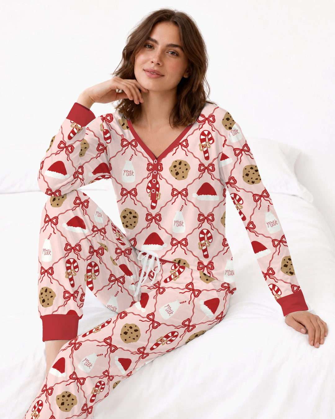 Pink Christmas Cookies and Milk Bow Lattice Bamboo Women Pajama Set