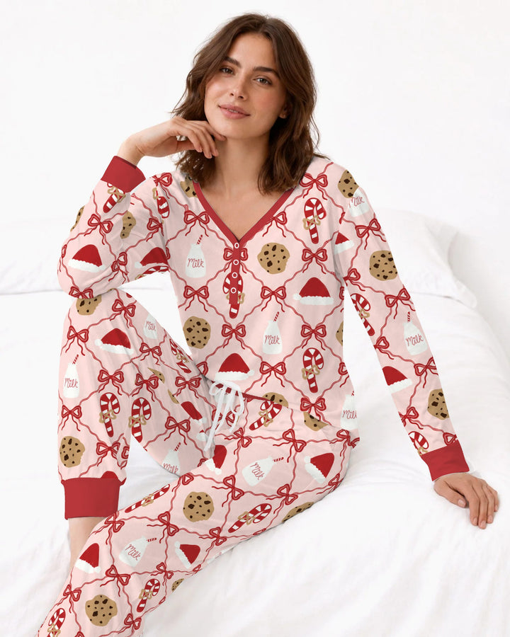 Pink Christmas Cookies and Milk Bow Lattice Bamboo Women Pajama Set