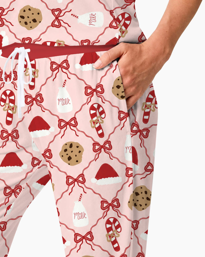 Pink Christmas Cookies and Milk Bow Lattice Bamboo Women Pajama Set