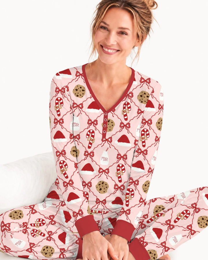 Pink Christmas Cookies and Milk Bow Lattice Bamboo Women Pajama Set