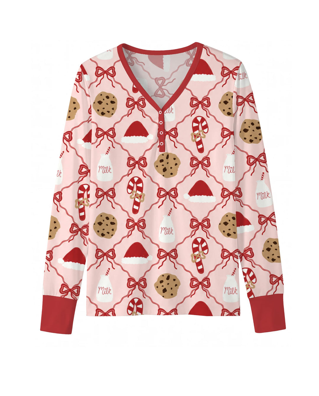 Pink Christmas Cookies and Milk Bow Lattice Bamboo Women Pajama Set