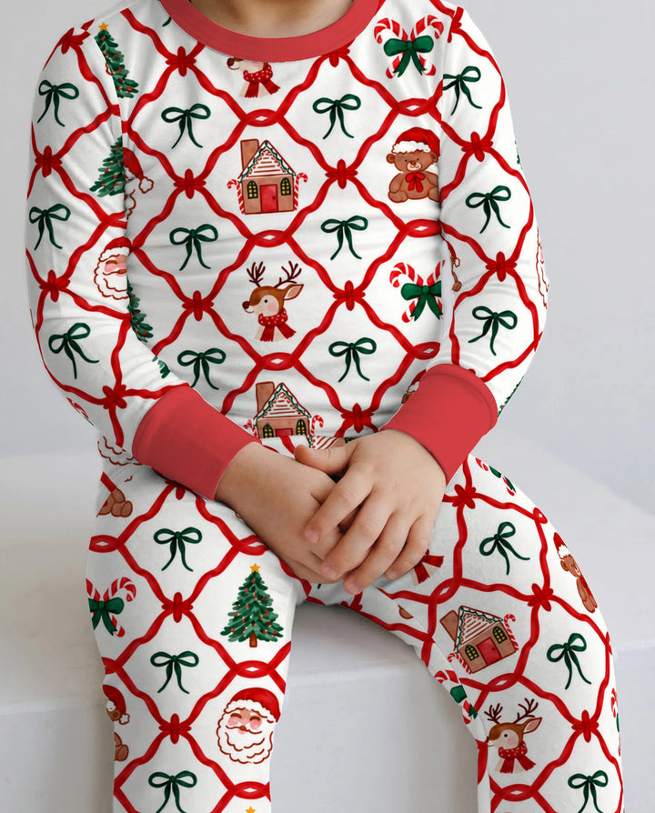 Classic Christmas Red Ribbon Lattice Bamboo Two Piece Long Sleeve Pajama Set