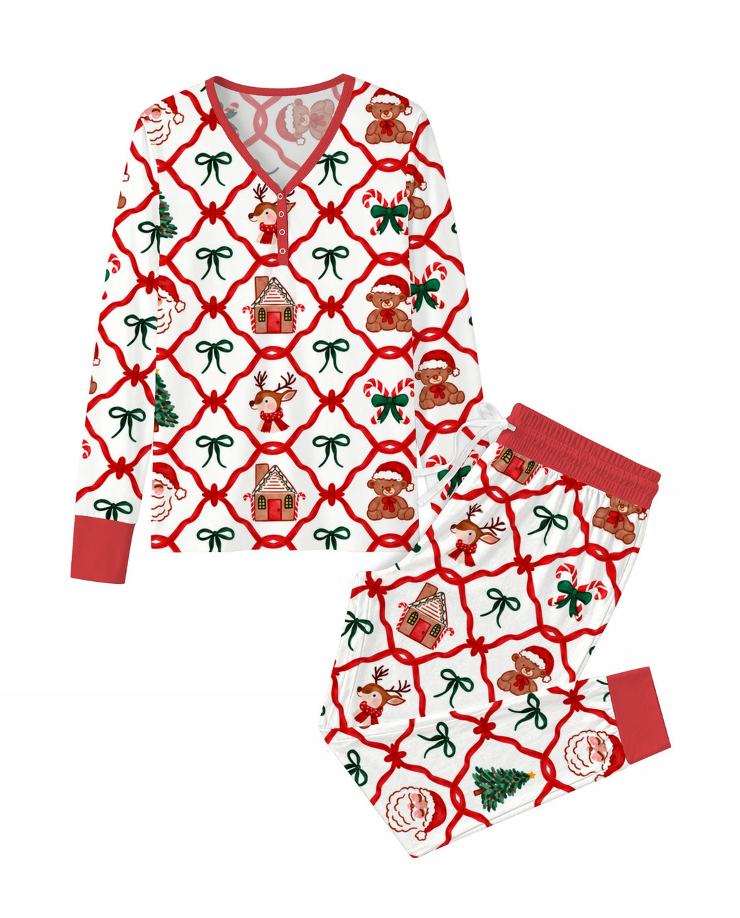 Classic Christmas Red Ribbon Lattice Bamboo Women Pajama Set