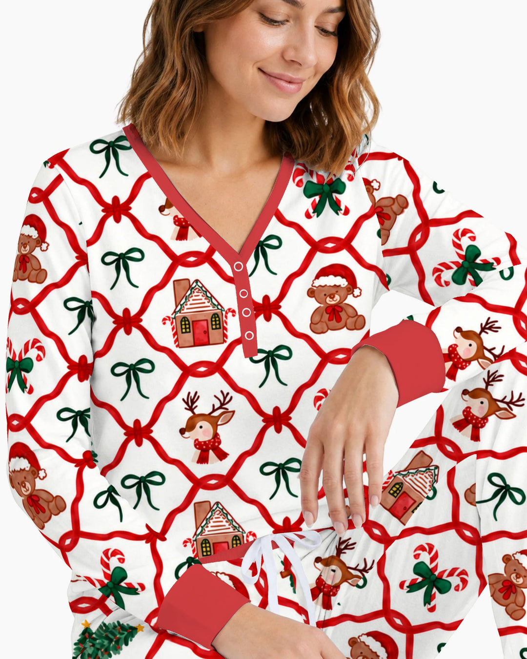 Classic Christmas Red Ribbon Lattice Bamboo Women Pajama Set