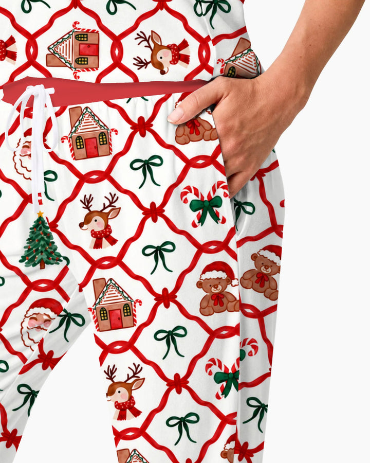 Classic Christmas Red Ribbon Lattice Bamboo Women Pajama Set