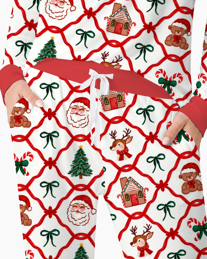 Classic Christmas Red Ribbon Lattice Bamboo Women Pajama Set