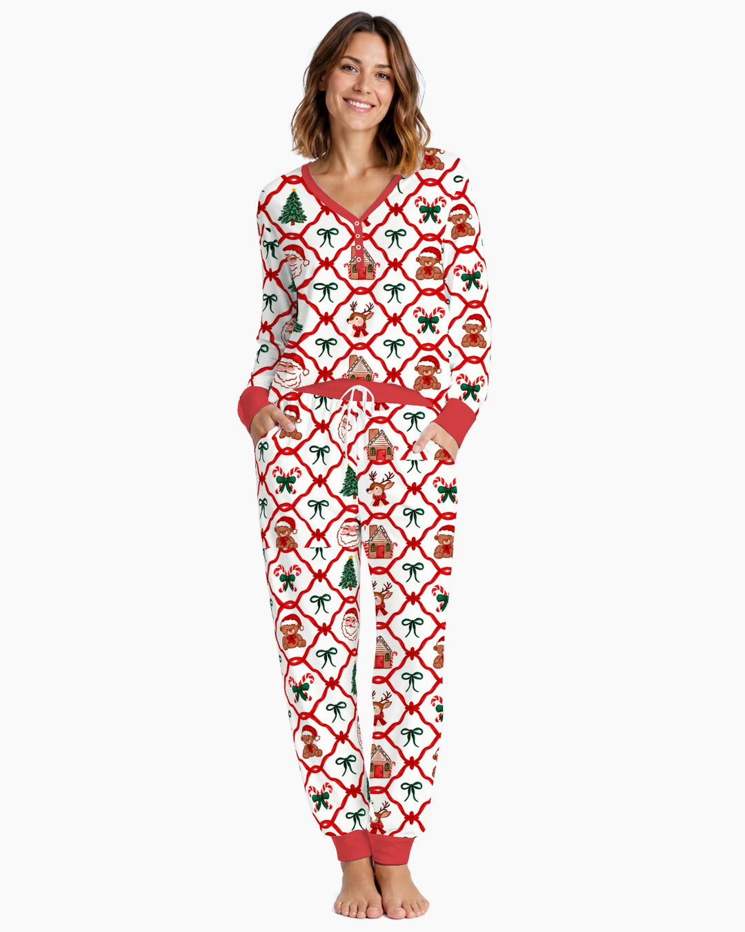 Classic Christmas Red Ribbon Lattice Bamboo Women Pajama Set