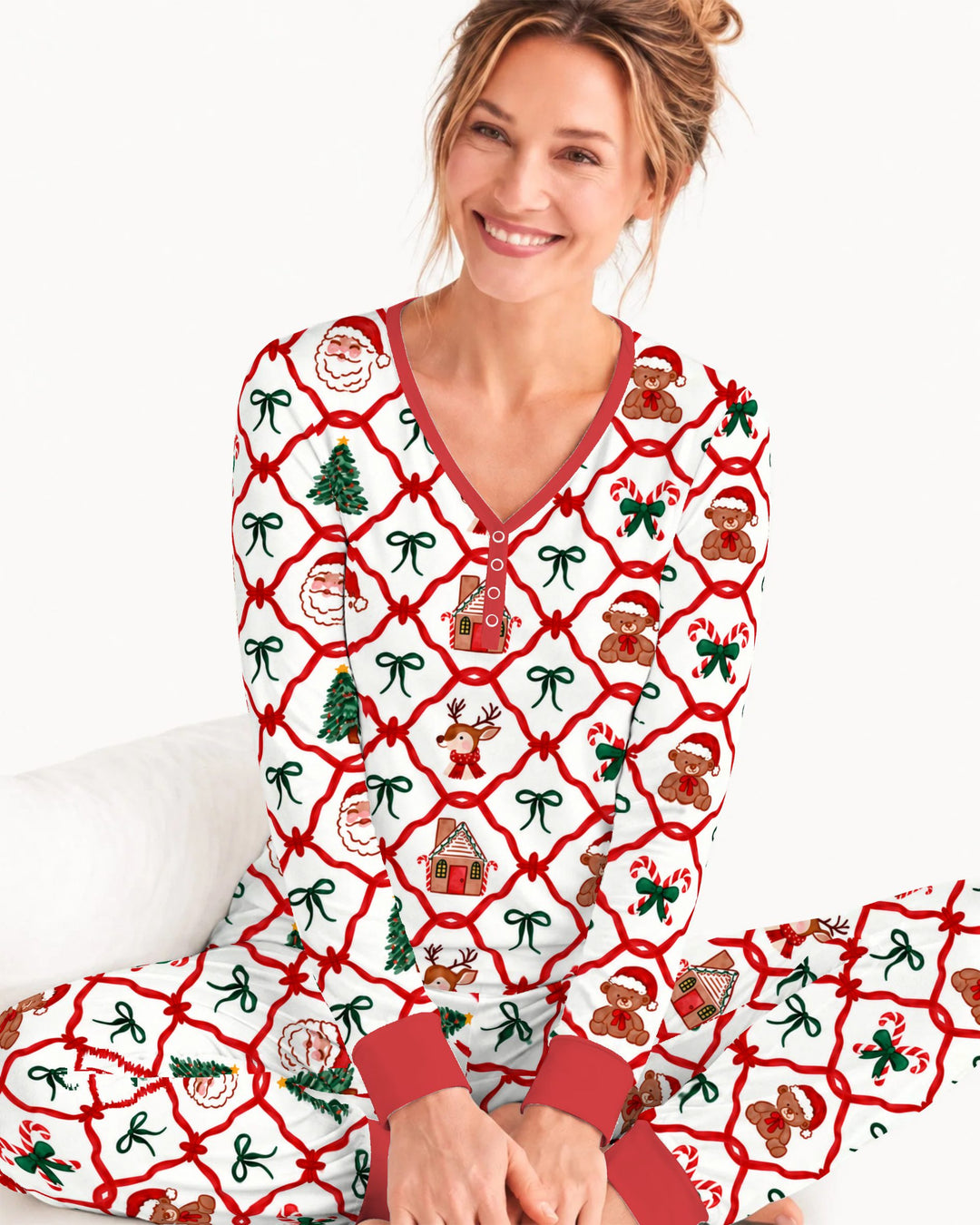 Classic Christmas Red Ribbon Lattice Bamboo Women Pajama Set