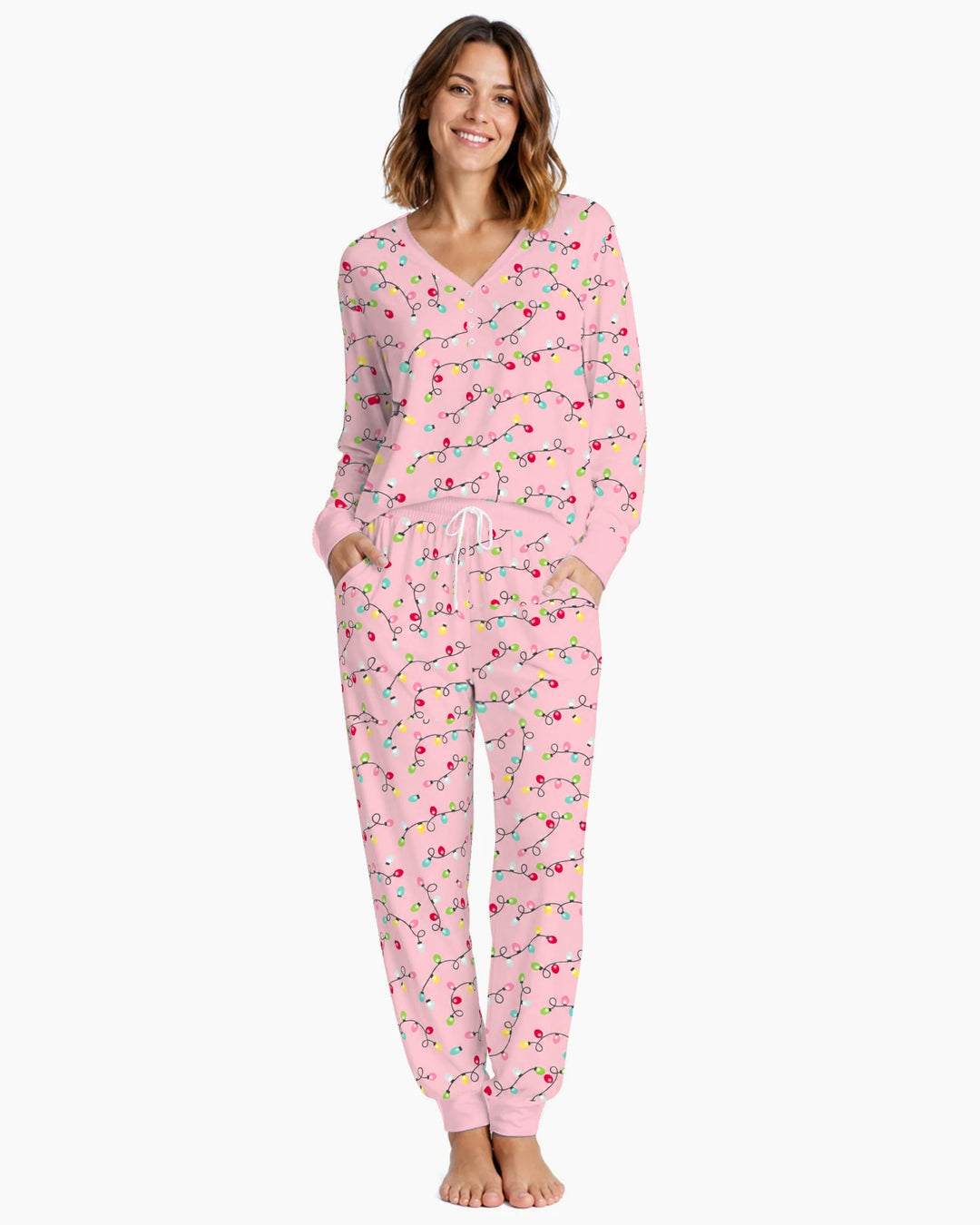 Colorful Christmas Lights on Pink Bamboo Women Pajama Set
