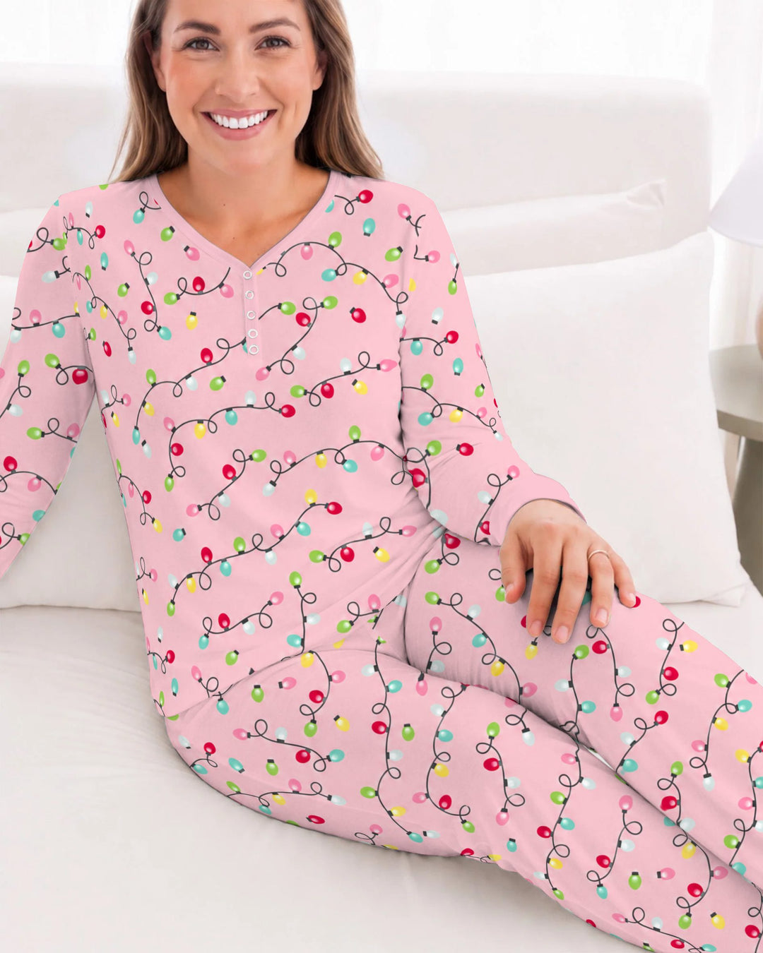 Colorful Christmas Lights on Pink Bamboo Women Pajama Set