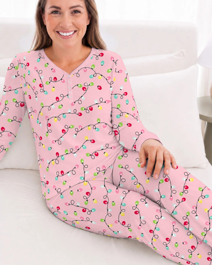 Colorful Christmas Lights on Pink Bamboo Women Pajama Set